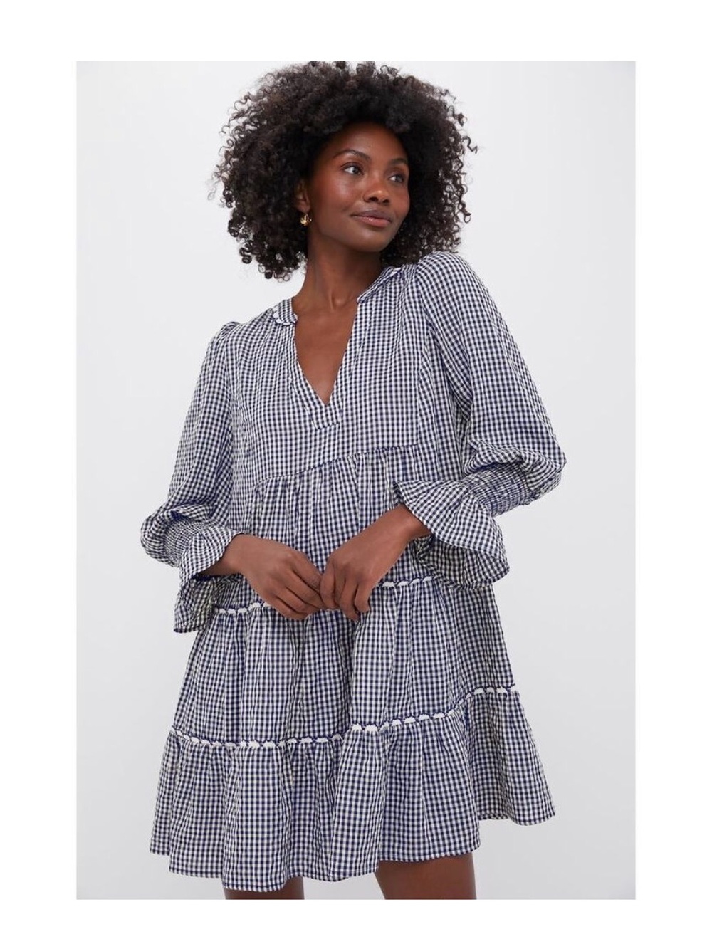 Pomander Place Navy and Cream Gingham Tiered Long-Sleeve Dress